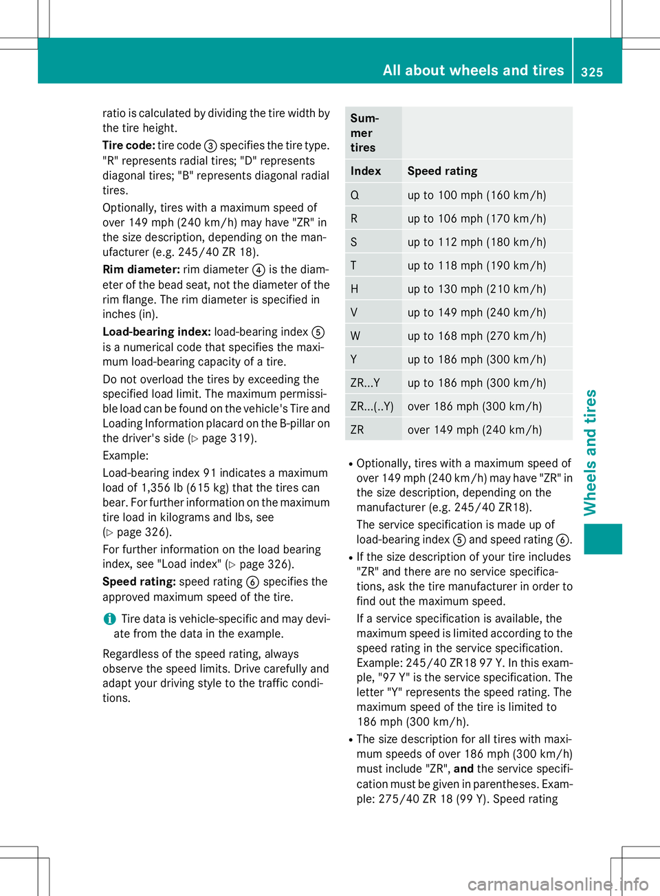 MERCEDES-BENZ SLK-CLASS ROADSTER 2016 Owners Manual ratio is calculated by dividing the tire width by
the tire height.
Tire code:tire code=specifies the tire type.
"R" represents radial tires; "D" represents
diagonal tires; "B" MERCEDES-BENZ SLK-CLASS ROADSTER 2016 Owners Manual ratio is calculated by dividing the tire width by
the tire height.
Tire code:tire code=specifies the tire type.
"R" represents radial tires; "D" represents
diagonal tires; "B"