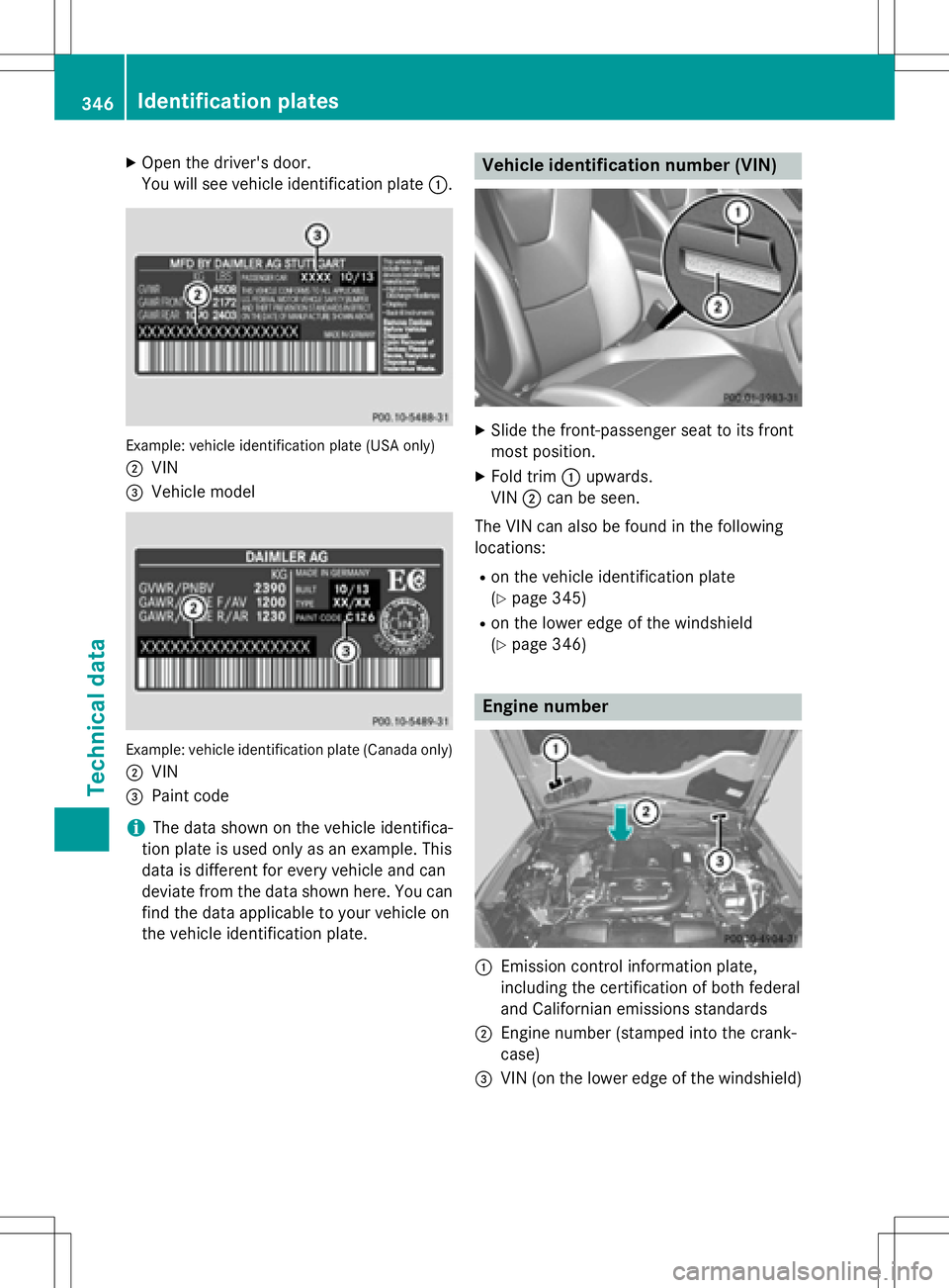 MERCEDES-BENZ SLK-CLASS ROADSTER 2016  Owners Manual XOpen the driver's door.
You will see vehicle identification plate:.
Example: vehicle identification plate (USA only)
;
VIN
=Vehicle model
Example: vehicle identification plate (Canada only)
;
VIN