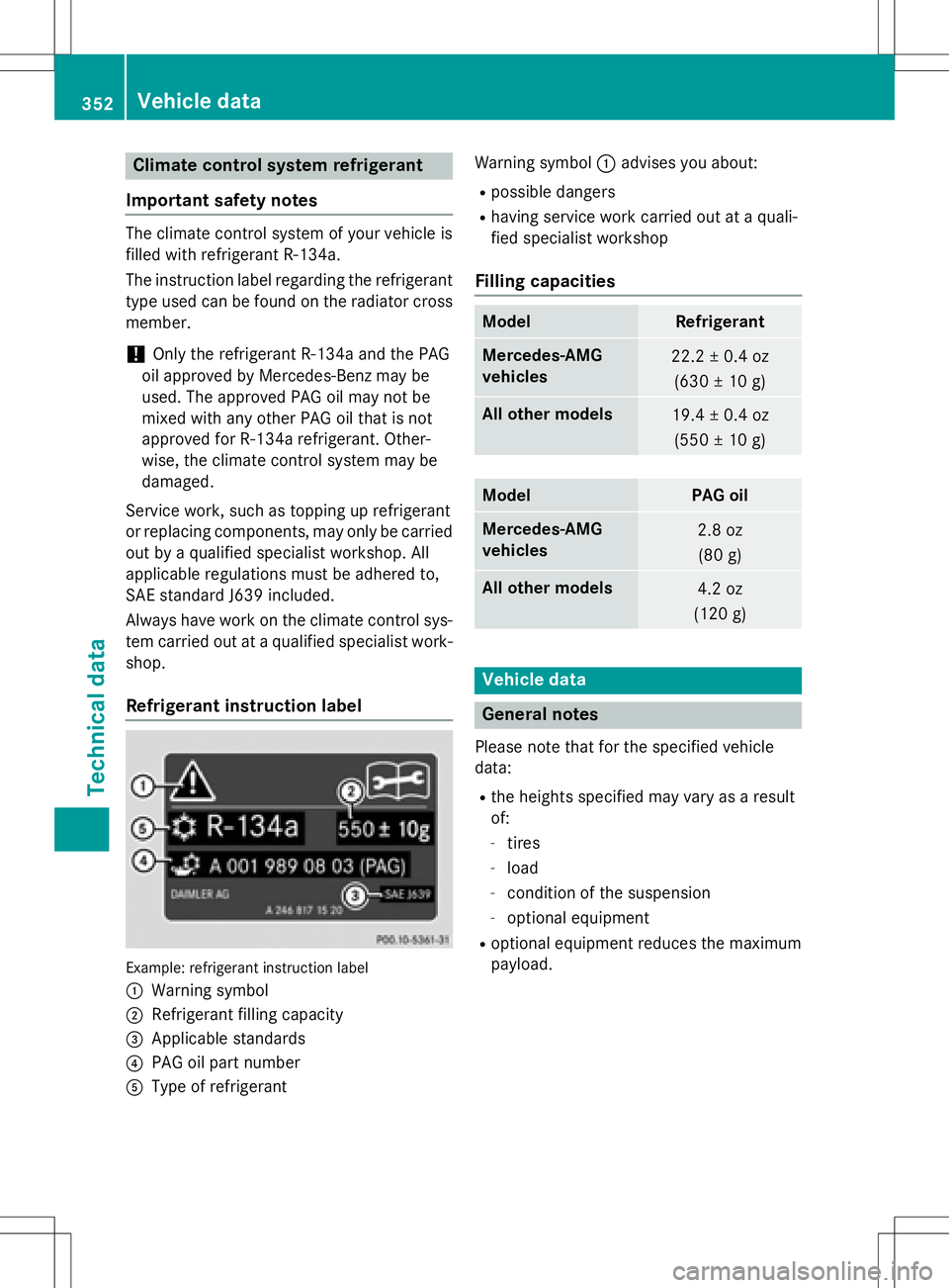 MERCEDES-BENZ SLK-CLASS ROADSTER 2016  Owners Manual Climate control system refrigerant
Important safety notes
The climate control system of your vehicle is
filled with refrigerant R‑ 134a.
The instruction label regarding the refrigerant
type used can