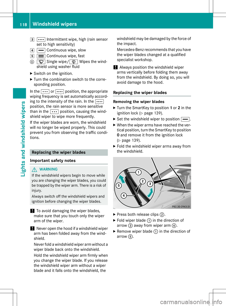 MERCEDES-BENZ SLK-CLASS ROADSTER 2015  Owners Manual 3ÅIntermittent wipe, high (rain sensor
set to high sensitivity)
4° Continuous wipe, slow
5¯Continuous wipe, fast
BíSingle wipe/ îWipes the wind-
shield using washer fluid
X Switch on the ignition