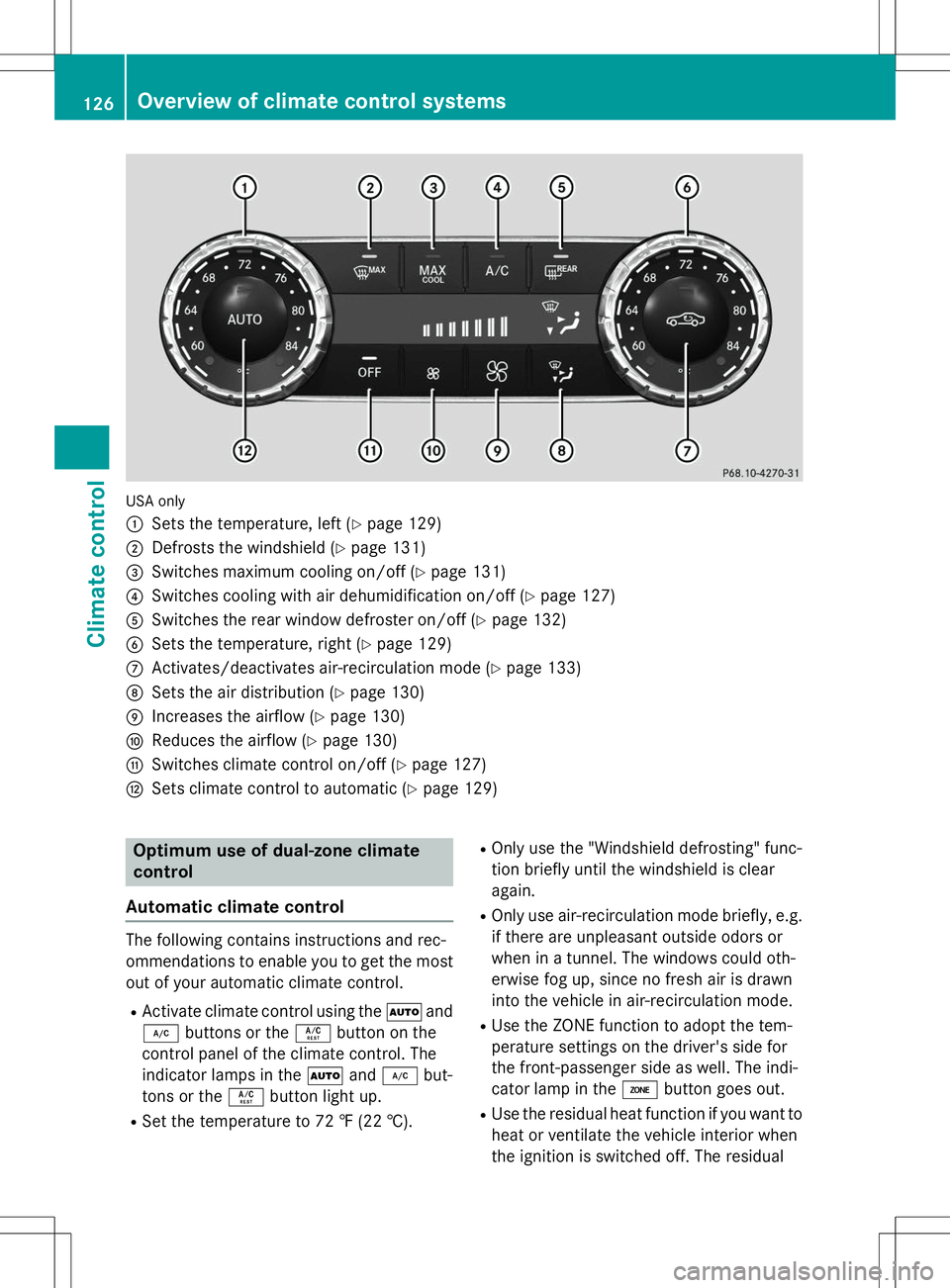 MERCEDES-BENZ SLK-CLASS ROADSTER 2015  Owners Manual USA only :
Sets the temperature, left (Ypage 129)
;Defrosts the windshield ( Ypage 131)
=Switches maximum cooling on/off ( Ypage 131)
?Switches cooling with air dehumidification on/off ( Ypage 127)
AS