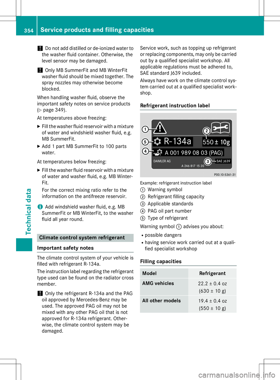 MERCEDES-BENZ SLK-CLASS ROADSTER 2015 Owners Manual !Do not add distilled or de-ionized water to
the washer fluid container. Otherwise, the
level sensor may be damaged.
!Only MB SummerFit and MB WinterFit
washer fluid should be mixed together. The spr MERCEDES-BENZ SLK-CLASS ROADSTER 2015 Owners Manual !Do not add distilled or de-ionized water to
the washer fluid container. Otherwise, the
level sensor may be damaged.
!Only MB SummerFit and MB WinterFit
washer fluid should be mixed together. The spr