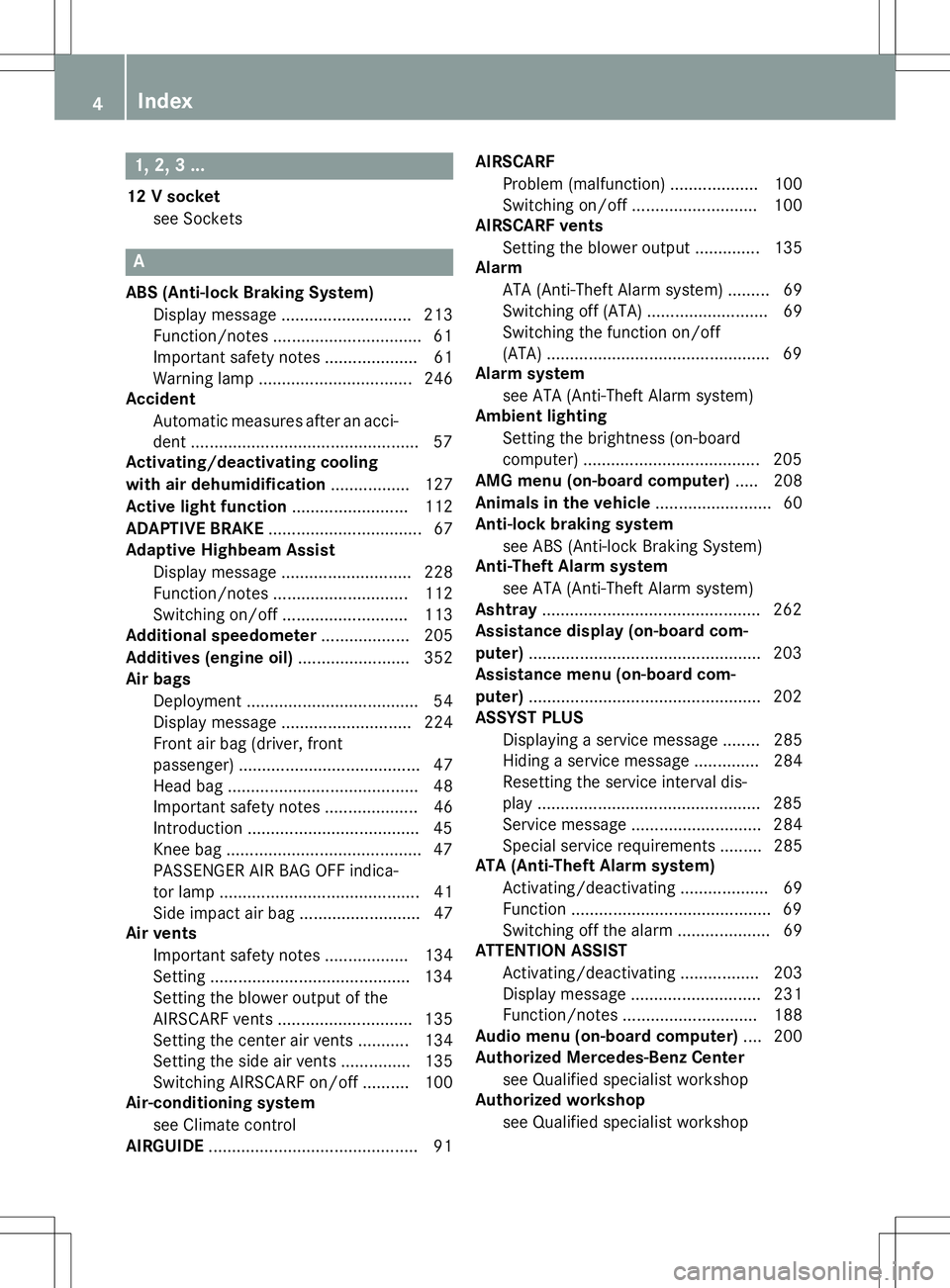 MERCEDES-BENZ SLK-CLASS ROADSTER 2015  Owners Manual 1, 2, 3 ...
12 V socketsee Sockets
A
ABS (Anti-lock Braking System)Display message ............................ 213 
Function/notes ................................ 61
Important safety notes .........