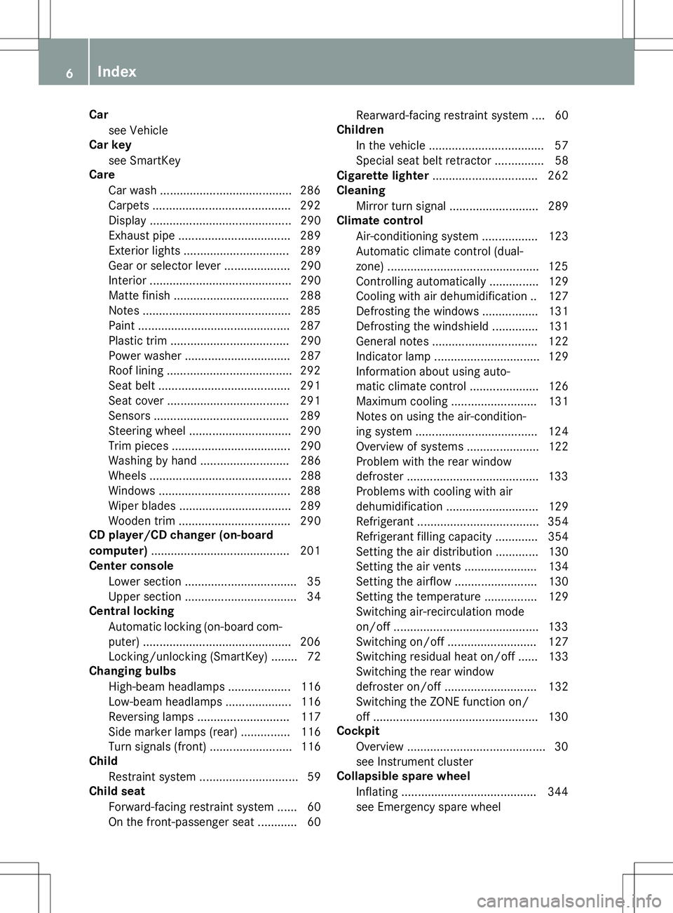 MERCEDES-BENZ SLK-CLASS ROADSTER 2015  Owners Manual Carsee Vehicle
Car key
see SmartKey
Care
Car wash ........................................ 286 Carpet s .......................................... 292
Disp lay ........................................