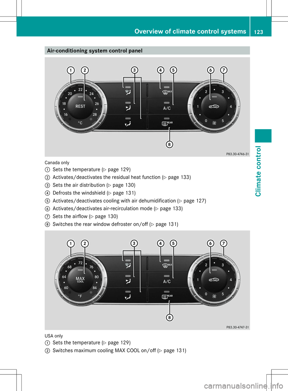 MERCEDES-BENZ SLK-CLASS ROADSTER 2014 Owners Manual Air-conditioning system control panel
Canada only
:
Sets the temperature (Y page 129)
; Activates/deactivates the residual heat function (Y page 133)
= Sets the air distribution (Y page 130)
? Defrost MERCEDES-BENZ SLK-CLASS ROADSTER 2014 Owners Manual Air-conditioning system control panel
Canada only
:
Sets the temperature (Y page 129)
; Activates/deactivates the residual heat function (Y page 133)
= Sets the air distribution (Y page 130)
? Defrost
