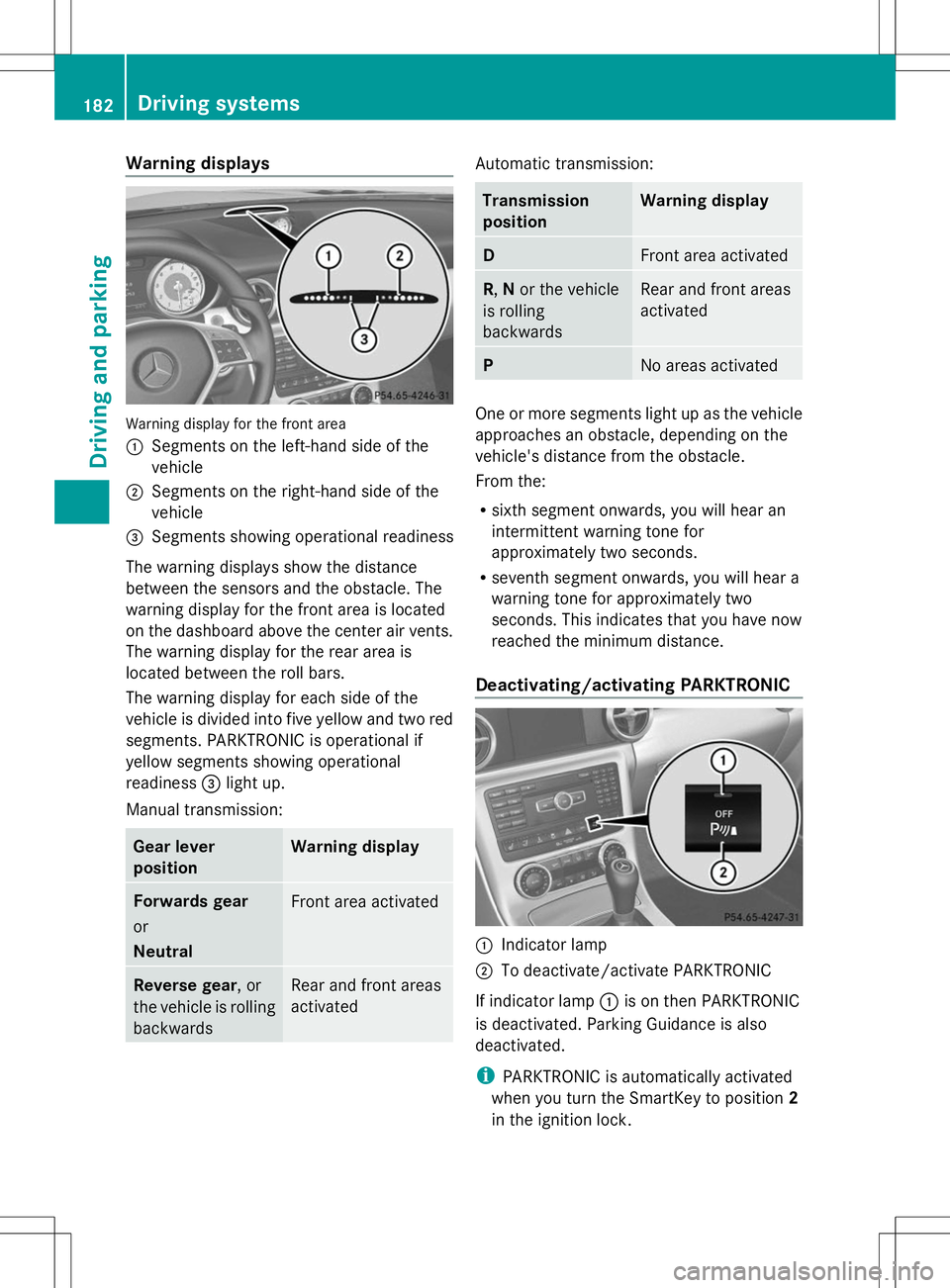 MERCEDES-BENZ SLK-CLASS ROADSTER 2014 Owners Manual Warning displays
Warning display for the front area
:
Segments on the left-hand side of the
vehicle
; Segments on the right-hand side of the
vehicle
= Segments showing operational readiness
The warnin MERCEDES-BENZ SLK-CLASS ROADSTER 2014 Owners Manual Warning displays
Warning display for the front area
:
Segments on the left-hand side of the
vehicle
; Segments on the right-hand side of the
vehicle
= Segments showing operational readiness
The warnin