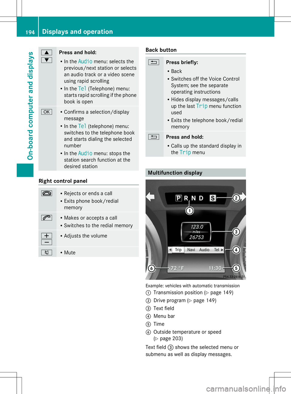 MERCEDES-BENZ SLK-CLASS ROADSTER 2014  Owners Manual 9
:
Press and hold:
R
In the Audio Audio menu: selects the
previous/next station or selects
an audio track or a video scene
using rapid scrolling
R In the Tel
Tel (Telephone) menu:
starts rapid scroll