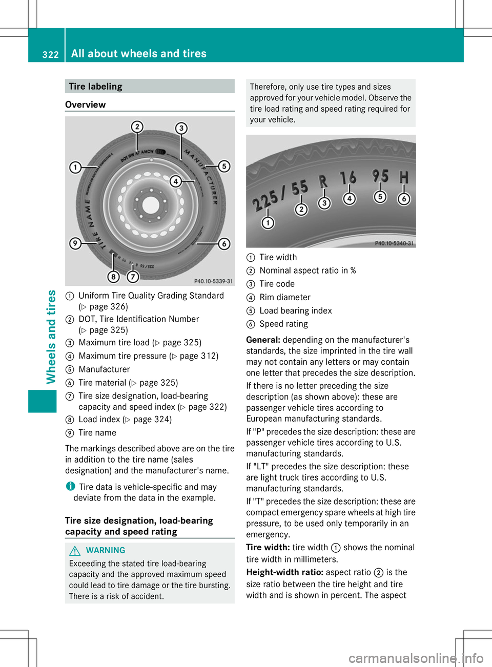 MERCEDES-BENZ SLK-CLASS ROADSTER 2014  Owners Manual Tire labeling
Overview :
Uniform Tire Quality Grading Standard
(Y page 326)
; DOT, Tire Identification Number
(Ypage 325)
= Maximum tire load (Y page 325)
? Maximum tire pressure (Y page 312)
A Manufa