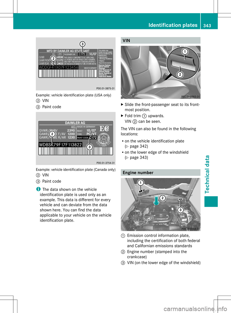 MERCEDES-BENZ SLK-CLASS ROADSTER 2014 Owners Manual Example: vehicle identification plate (USA only)
; VIN
= Paint code Example: vehicle identification plate (Canada only)
; VIN
= Paint code
i The data shown on the vehicle
identification plate is used MERCEDES-BENZ SLK-CLASS ROADSTER 2014 Owners Manual Example: vehicle identification plate (USA only)
; VIN
= Paint code Example: vehicle identification plate (Canada only)
; VIN
= Paint code
i The data shown on the vehicle
identification plate is used