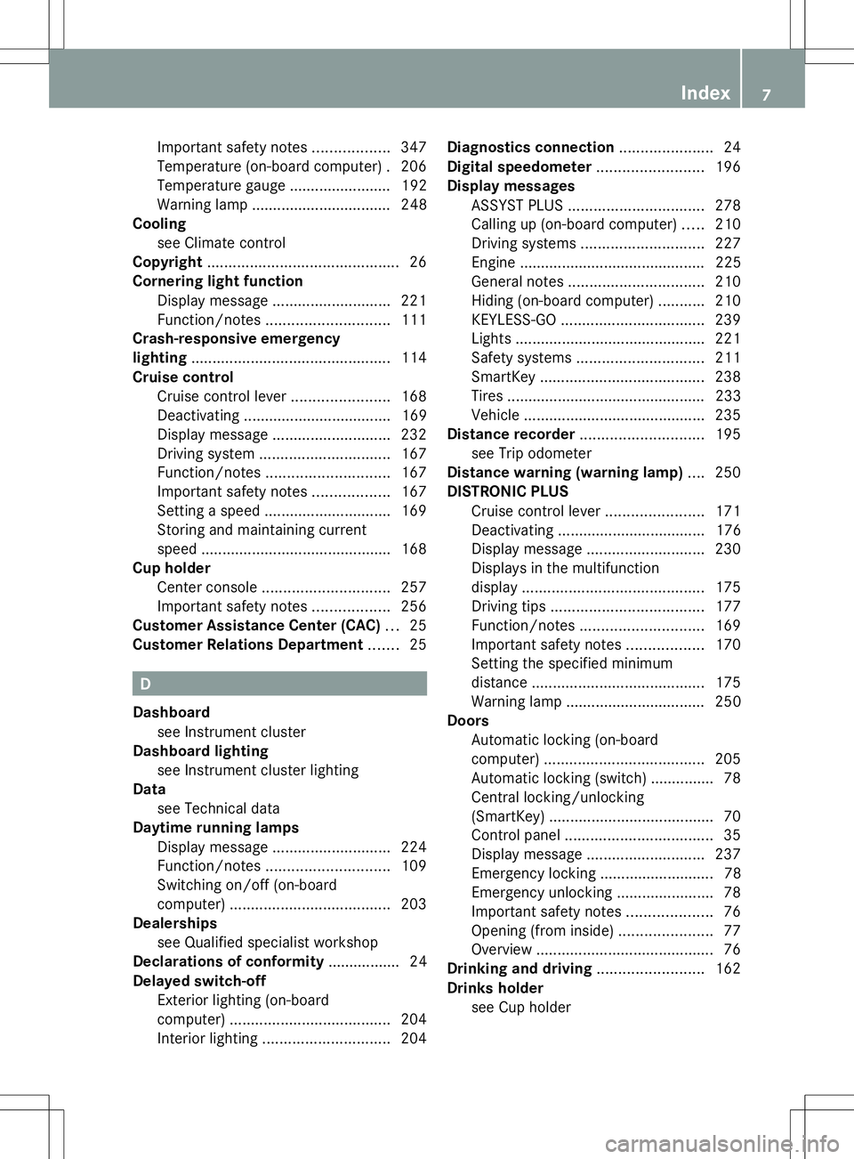 MERCEDES-BENZ SLK-CLASS ROADSTER 2014  Owners Manual Important safety notes
..................347
Temperature (on-board computer) .206
Temperature gauge ........................ 192
Warning lamp ................................. 248
Cooling
see Climate 