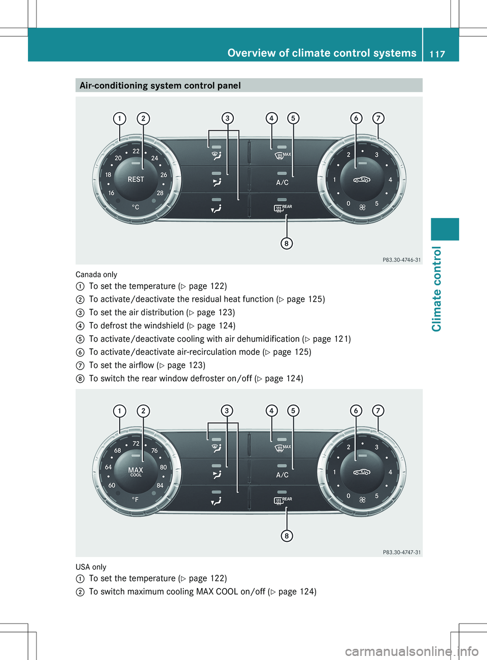 MERCEDES-BENZ SLK-CLASS ROADSTER 2012 Owners Manual Air-conditioning system control panel
Canada only
:To set the temperature (Y page 122);To activate/deactivate the residual heat function ( Y page 125)=To set the air distribution ( Y page 123)?To defr MERCEDES-BENZ SLK-CLASS ROADSTER 2012 Owners Manual Air-conditioning system control panel
Canada only
:To set the temperature (Y page 122);To activate/deactivate the residual heat function ( Y page 125)=To set the air distribution ( Y page 123)?To defr