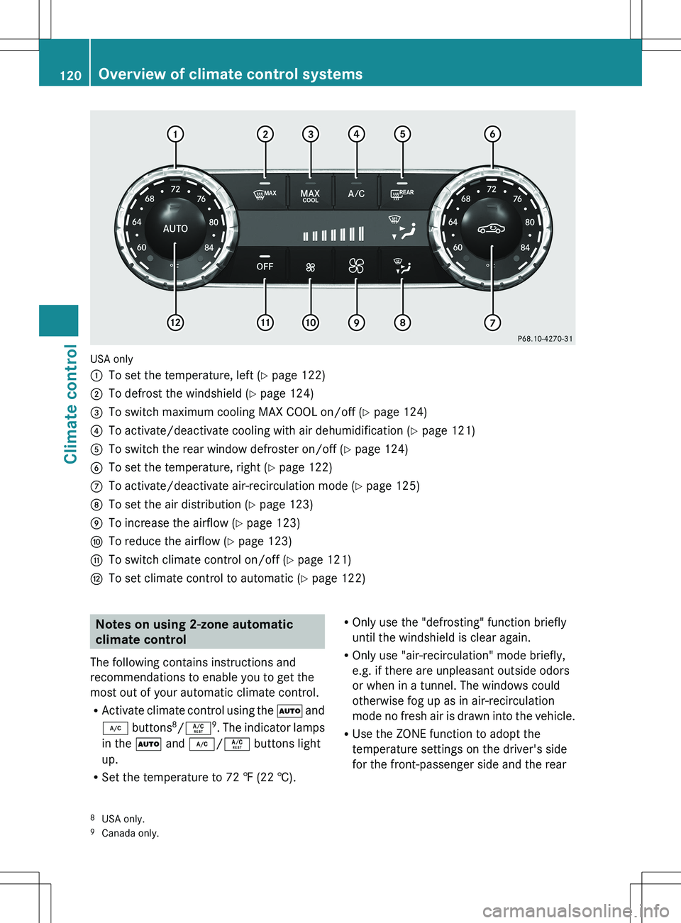 MERCEDES-BENZ SLK-CLASS ROADSTER 2012 Owners Manual USA only
:To set the temperature, left (Y page 122);To defrost the windshield ( Y page 124)=To switch maximum cooling MAX COOL on/off ( Y page 124)?To activate/deactivate cooling with air dehumidifica MERCEDES-BENZ SLK-CLASS ROADSTER 2012 Owners Manual USA only
:To set the temperature, left (Y page 122);To defrost the windshield ( Y page 124)=To switch maximum cooling MAX COOL on/off ( Y page 124)?To activate/deactivate cooling with air dehumidifica