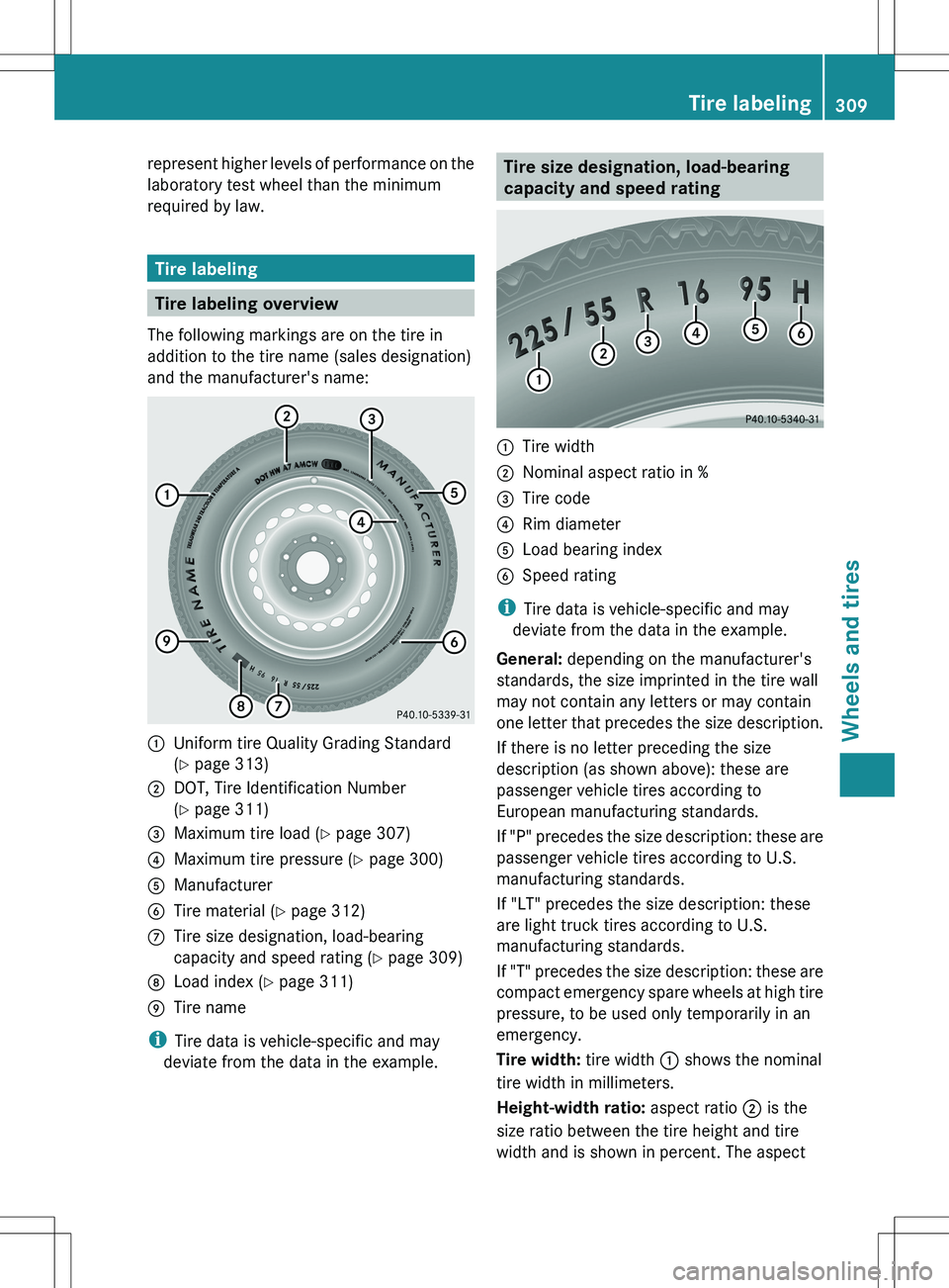 MERCEDES-BENZ SLK-CLASS ROADSTER 2012 Owners Manual represent higher levels of performance on the
laboratory test wheel than the minimum
required by law.
Tire labeling
Tire labeling overview
The following markings are on the tire in
addition to the tir MERCEDES-BENZ SLK-CLASS ROADSTER 2012 Owners Manual represent higher levels of performance on the
laboratory test wheel than the minimum
required by law.
Tire labeling
Tire labeling overview
The following markings are on the tire in
addition to the tir