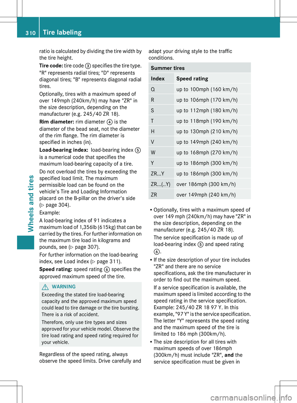 MERCEDES-BENZ SLK-CLASS ROADSTER 2012 Owners Manual ratio is calculated by dividing the tire width by
the tire height.
Tire code: tire code = specifies the tire type.
"R" represents radial tires; "D" represents
diagonal tires; "B MERCEDES-BENZ SLK-CLASS ROADSTER 2012 Owners Manual ratio is calculated by dividing the tire width by
the tire height.
Tire code: tire code = specifies the tire type.
"R" represents radial tires; "D" represents
diagonal tires; "B