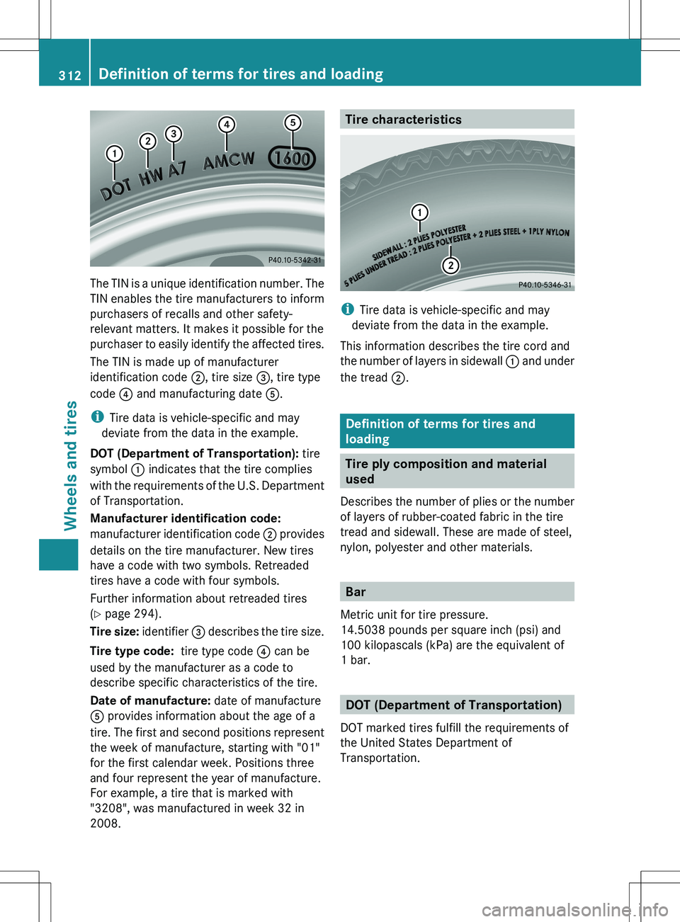 MERCEDES-BENZ SLK-CLASS ROADSTER 2012 Owners Manual The TIN is a unique identification number. The
TIN enables the tire manufacturers to inform
purchasers of recalls and other safety-
relevant matters. It makes it possible for the
purchaser to easily i MERCEDES-BENZ SLK-CLASS ROADSTER 2012 Owners Manual The TIN is a unique identification number. The
TIN enables the tire manufacturers to inform
purchasers of recalls and other safety-
relevant matters. It makes it possible for the
purchaser to easily i