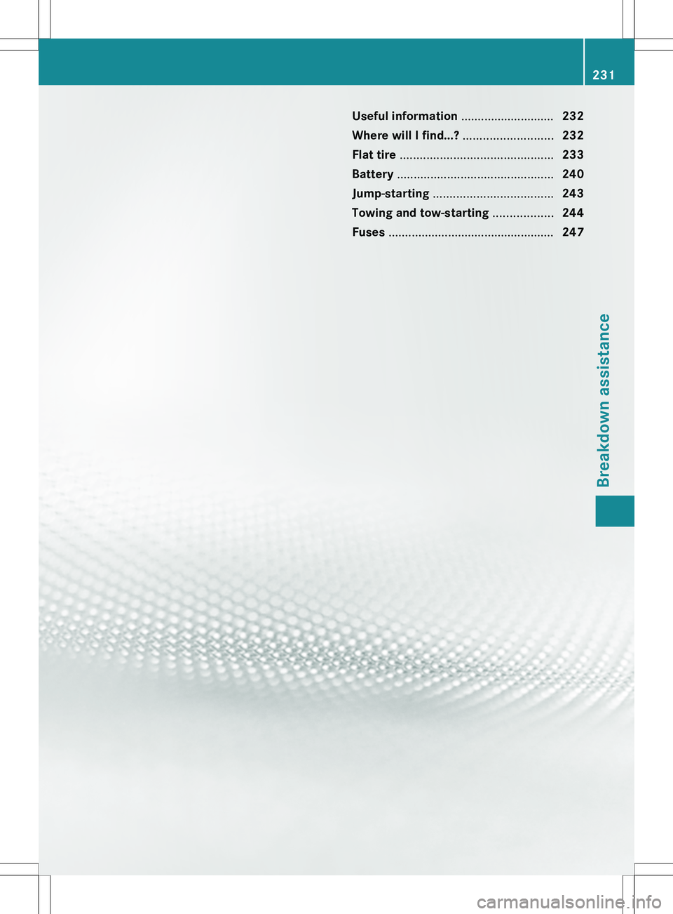 MERCEDES-BENZ SLS AMG COUPE 2012 Owners Manual Useful information ............................232
Where will I find...? ...........................232
Flat tire .............................................. 233
Battery ........................ MERCEDES-BENZ SLS AMG COUPE 2012 Owners Manual Useful information ............................232
Where will I find...? ...........................232
Flat tire .............................................. 233
Battery ........................