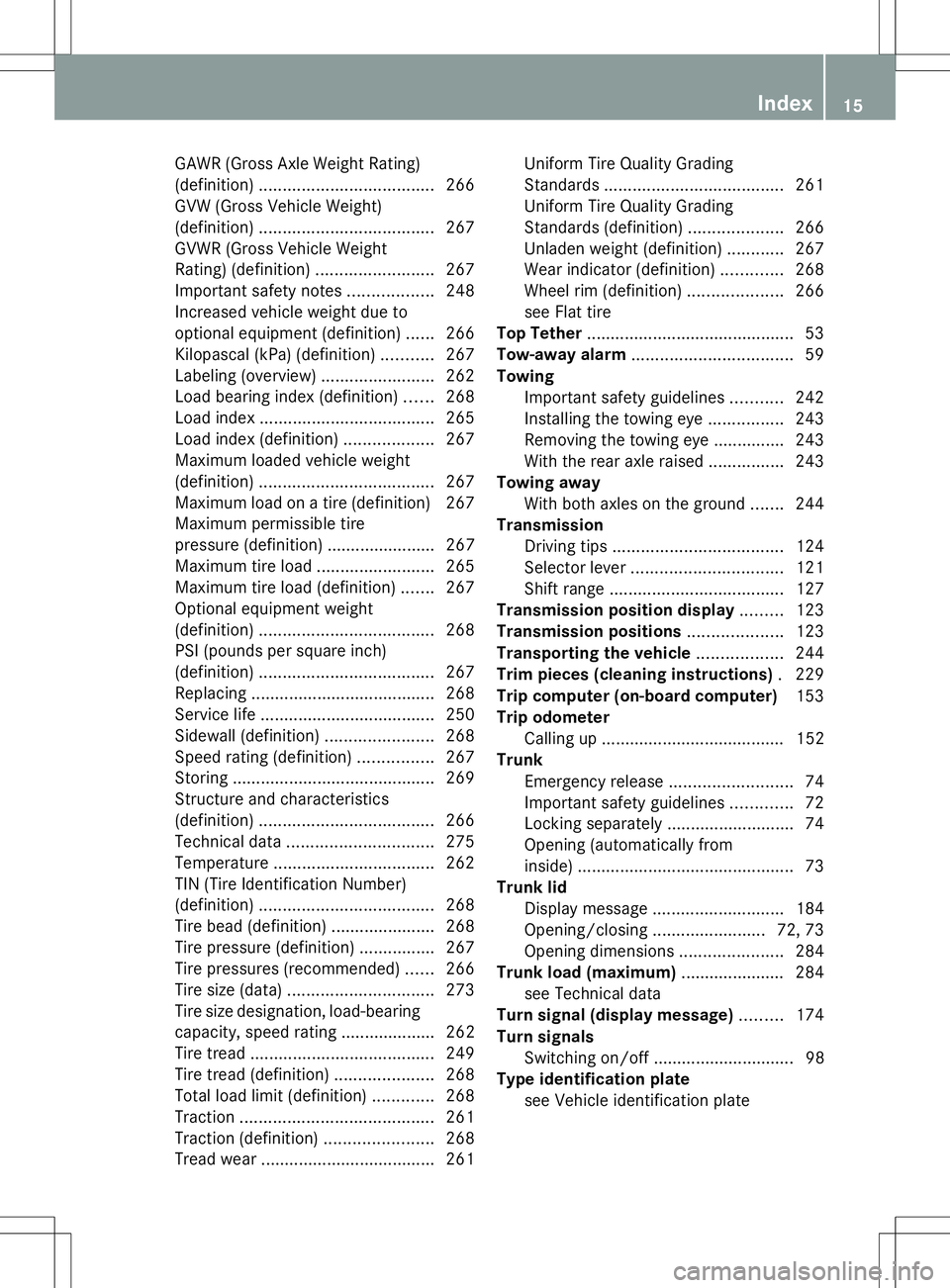 MERCEDES-BENZ SLS AMG ROADSTER 2014 User Guide GAWR (Gross Axle Weight Rating)
(definition)
..................................... 266
GVW (Gross Vehicle Weight)
(definition) ..................................... 267
GVWR (Gross Vehicle Weight
Rati MERCEDES-BENZ SLS AMG ROADSTER 2014 User Guide GAWR (Gross Axle Weight Rating)
(definition)
..................................... 266
GVW (Gross Vehicle Weight)
(definition) ..................................... 267
GVWR (Gross Vehicle Weight
Rati