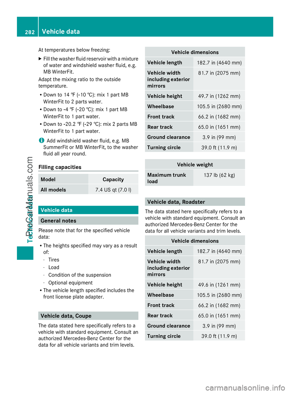 MERCEDES-BENZ SLS-CLASS 2013  Owners Manual At temperatures below freezing:
X
Fill the washer fluid reservoir with a mixture
of water and windshield washer fluid, e.g.
MB WinterFit.
Adapt the mixing ratio to the outside
temperature.
R Down to 1