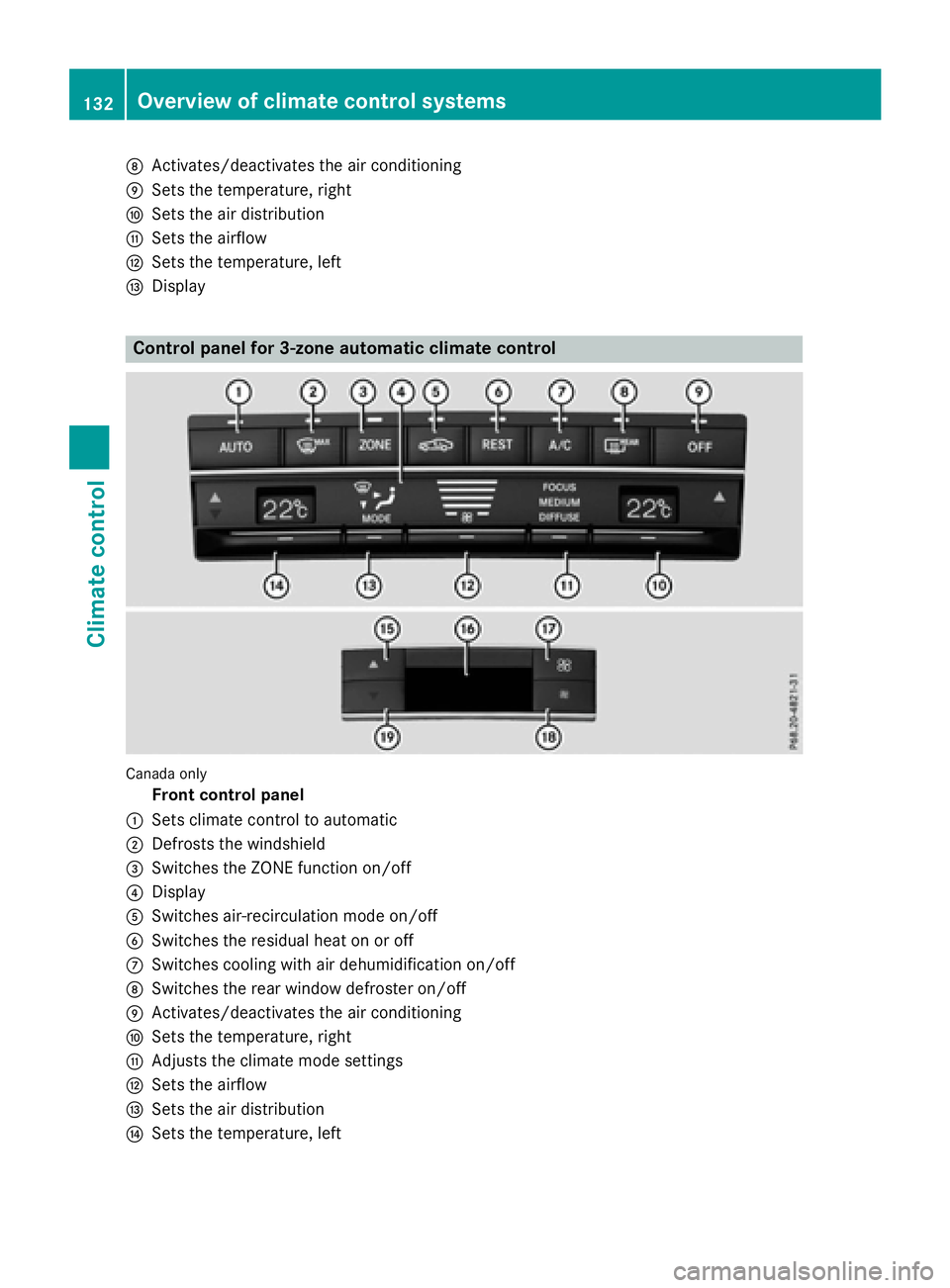 MERCEDES-BENZ WAGON 2016 Owners Manual DActivates/deactivates the air conditioning
ESets the temperature, right
FSets the air distribution
GSets the airflow
HSets the temperature, left
IDisplay
Control panel for 3-zone automatic climate co MERCEDES-BENZ WAGON 2016 Owners Manual DActivates/deactivates the air conditioning
ESets the temperature, right
FSets the air distribution
GSets the airflow
HSets the temperature, left
IDisplay
Control panel for 3-zone automatic climate co