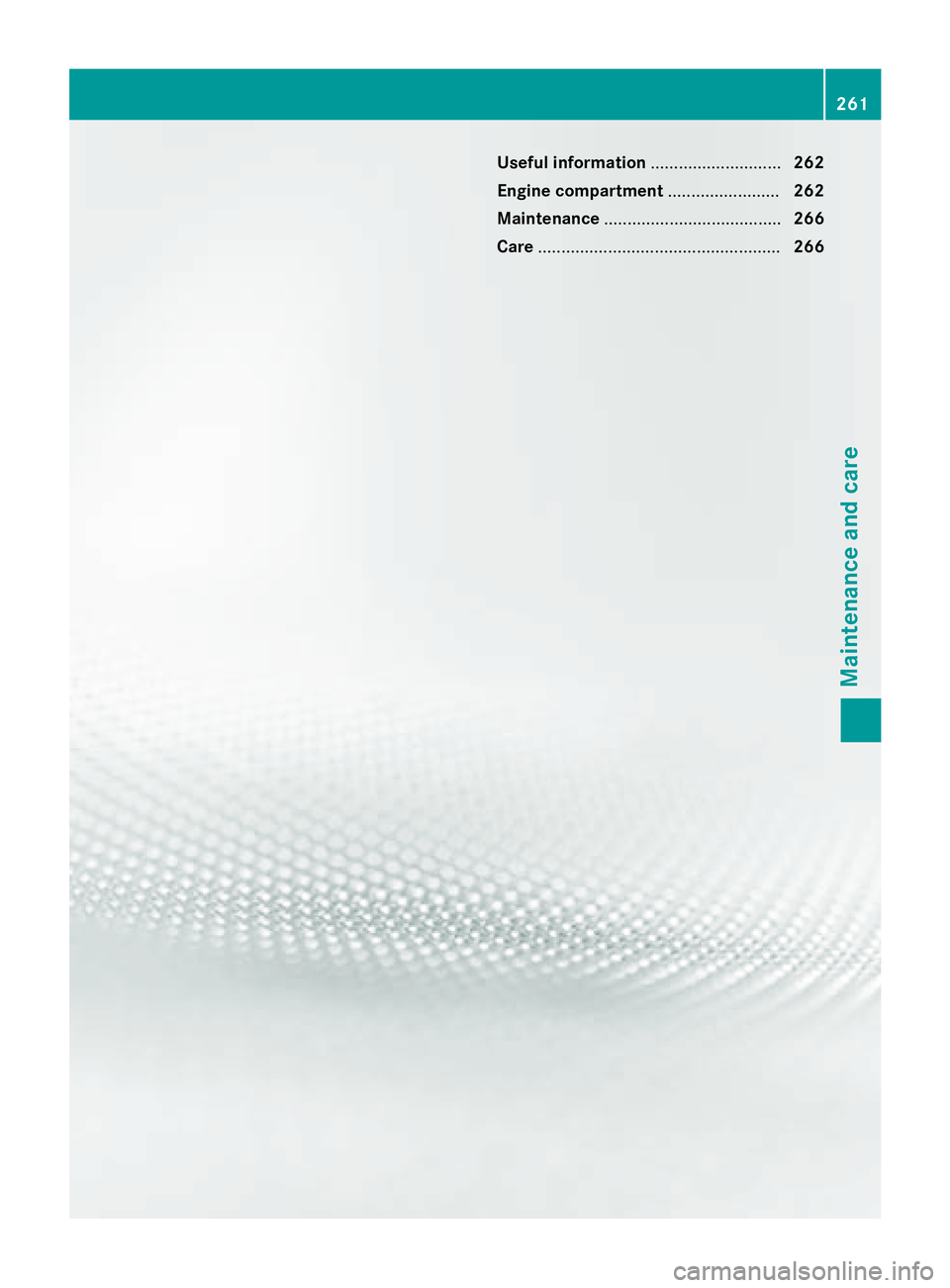 MERCEDES-BENZ WAGON 2016  Owners Manual Useful information............................262
Engine compartment ........................262
Maintenance ...................................... 266
Care ...........................................