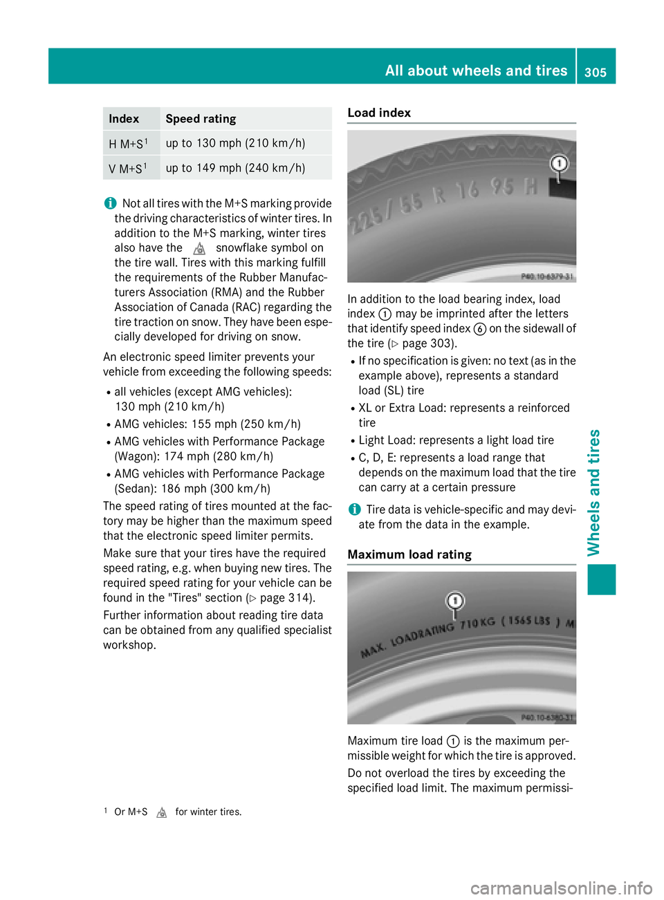 MERCEDES-BENZ WAGON 2016 Owners Manual IndexSpeed rating
H M+S1up to 130 mph (210 km/h)
V M+S1up to 149 mph (240 km/h)
iNot all tires with the M+S marking provide
the driving characteristics of winter tires. In
addition to the M+S marking, MERCEDES-BENZ WAGON 2016 Owners Manual IndexSpeed rating
H M+S1up to 130 mph (210 km/h)
V M+S1up to 149 mph (240 km/h)
iNot all tires with the M+S marking provide
the driving characteristics of winter tires. In
addition to the M+S marking,