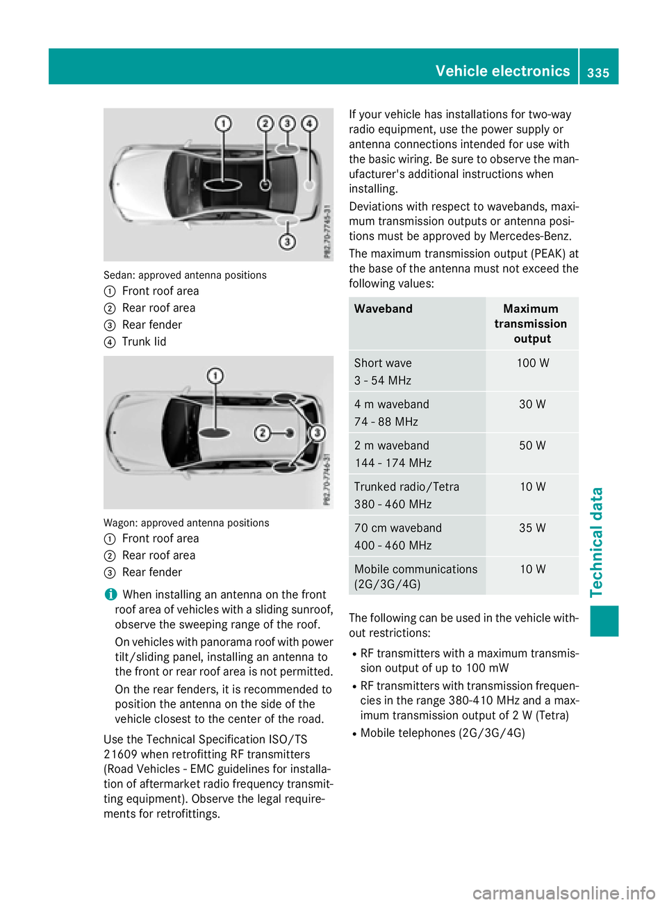MERCEDES-BENZ WAGON 2016 Owners Manual Sedan: approved antenna positions
:
Front roof area
;Rear roof area
=Rear fender
?Trunk lid
Wagon: approved antenna positions
:
Front roof area
;Rear roof area
=Rear fender
iWhen installing an antenna MERCEDES-BENZ WAGON 2016 Owners Manual Sedan: approved antenna positions
:
Front roof area
;Rear roof area
=Rear fender
?Trunk lid
Wagon: approved antenna positions
:
Front roof area
;Rear roof area
=Rear fender
iWhen installing an antenna