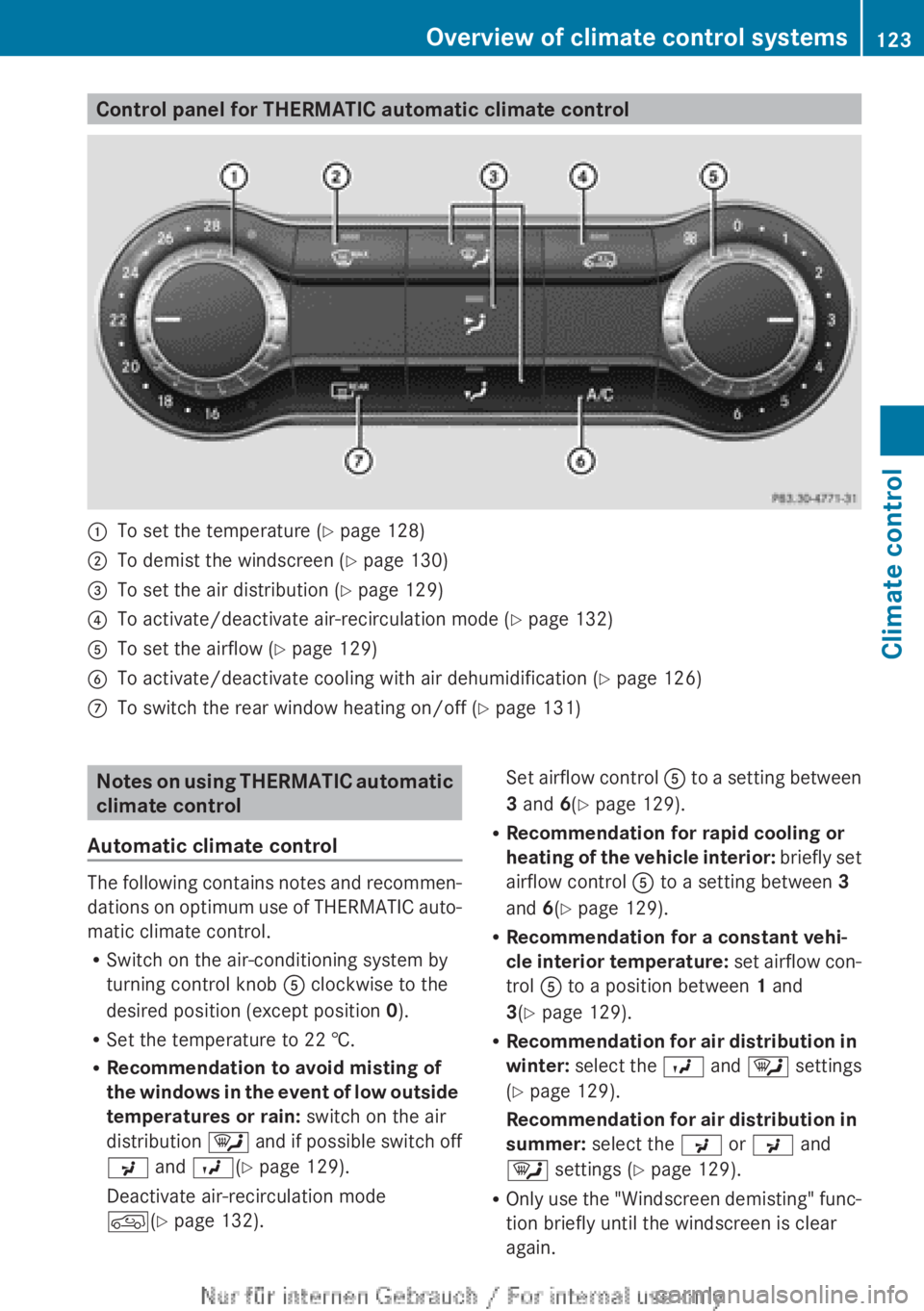 MERCEDES-BENZ A CLASS 2012  Owners Manual Control panel for THERMATIC automatic climate control
:
To set the temperature (Y page 128)
; To demist the windscreen (Y page 130)
= To set the air distribution ( Y page 129)
? To activate/deactivate