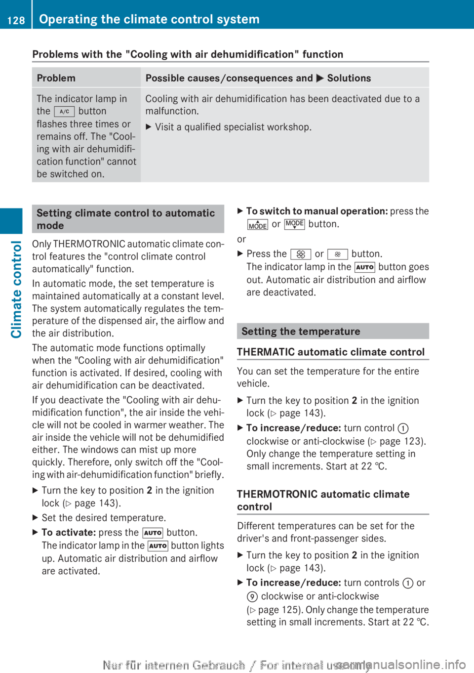 MERCEDES-BENZ A CLASS 2012 Owners Manual Problems with the "Cooling with air dehumidification" function
Problem Possible causes/consequences and
M SolutionsThe indicator lamp in
the ¿ button
flashes three times or
remains off. The MERCEDES-BENZ A CLASS 2012 Owners Manual Problems with the "Cooling with air dehumidification" function
Problem Possible causes/consequences and
M SolutionsThe indicator lamp in
the ¿ button
flashes three times or
remains off. The