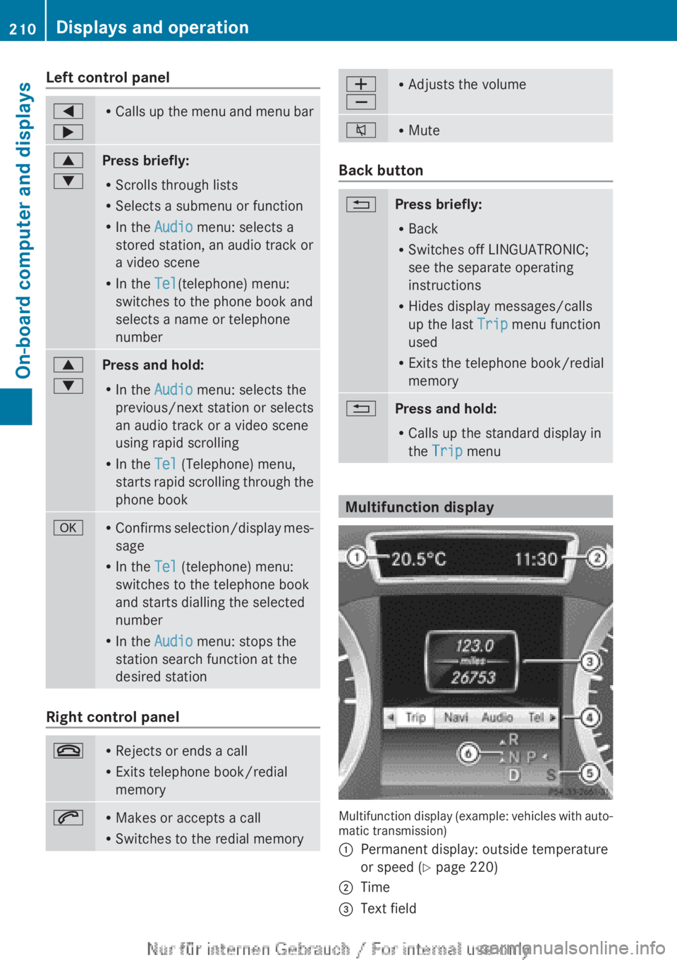 MERCEDES-BENZ A CLASS 2012 Owners Manual Left control panel
=
; R
Calls up the menu and menu bar 9
:
Press briefly:
R
Scrolls through lists
R Selects a submenu or function
R In the Audio menu: selects a
stored station, an audio track or
a MERCEDES-BENZ A CLASS 2012 Owners Manual Left control panel
=
; R
Calls up the menu and menu bar 9
:
Press briefly:
R
Scrolls through lists
R Selects a submenu or function
R In the Audio menu: selects a
stored station, an audio track or
a