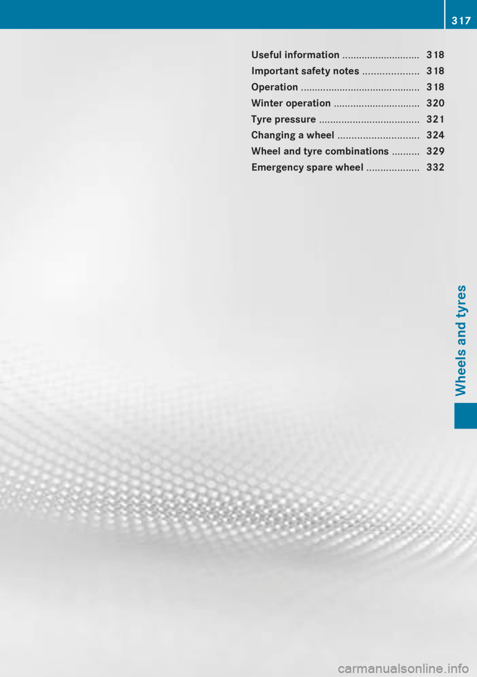 MERCEDES-BENZ A CLASS 2012  Owners Manual Useful information ............................
318
Important safety notes  ....................318
Operation ........................................... 318
Winter operation .........................