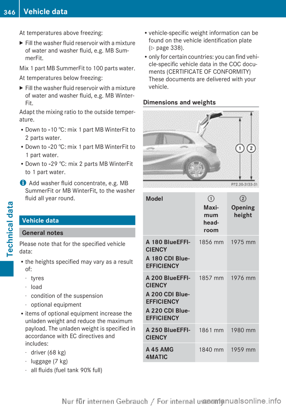 MERCEDES-BENZ A CLASS 2012  Owners Manual At temperatures above freezing:
X
Fill the washer fluid reservoir with a mixture
of water and washer fluid, e.g. MB Sum-
merFit.
Mix 1 part MB SummerFit to 100 parts water.
At temperatures below freez