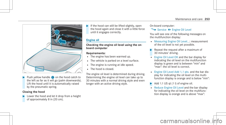 MERCEDES-BENZ A CLASS 2022 Owners Manual #
Push yello whandle 1onthehood catchto
th elef tas faras itwil lgo (pa lmdown wards).
Lif tth ehood untilitis aut omaticall yra ised
by thepneumatic spring.
Closing thehood #
Lowe rth ehood andletit MERCEDES-BENZ A CLASS 2022 Owners Manual #
Push yello whandle 1onthehood catchto
th elef tas faras itwil lgo (pa lmdown wards).
Lif tth ehood untilitis aut omaticall yra ised
by thepneumatic spring.
Closing thehood #
Lowe rth ehood andletit