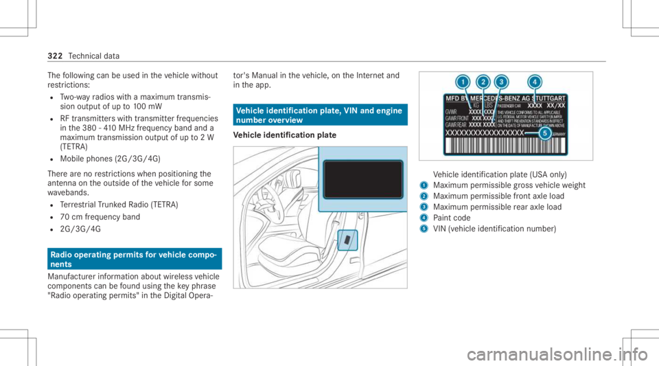 MERCEDES-BENZ A CLASS 2022 Owners Manual The
follo wing canbeused intheve hicle without
re strictions :
R Two-w ayradios withamaximum transmis ‐
sion output ofup to100mW
R RFtransmi tter swit htransmi tter freq uenci es
in the380 -41 0MHz MERCEDES-BENZ A CLASS 2022 Owners Manual The
follo wing canbeused intheve hicle without
re strictions :
R Two-w ayradios withamaximum transmis ‐
sion output ofup to100mW
R RFtransmi tter swit htransmi tter freq uenci es
in the380 -41 0MHz