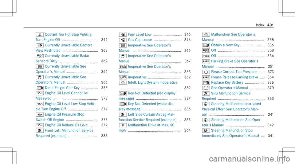 MERCEDES-BENZ A CLASS 2022 Owners Manual ÿ
Coolan tTo oHo tSt op Vehicle
Tu rn Engi neOff............ ........................ 345
00CE Current lyUn available Camera
Vi ew Restrict ed <0011001100110011001100110011001100110011001100110011001 MERCEDES-BENZ A CLASS 2022 Owners Manual ÿ
Coolan tTo oHo tSt op Vehicle
Tu rn Engi neOff............ ........................ 345
00CE Current lyUn available Camera
Vi ew Restrict ed <0011001100110011001100110011001100110011001100110011001
