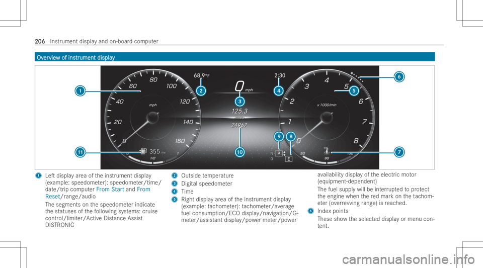 MERCEDES-BENZ A CLASS 2023  Owners Manual OvOv
er er
vie vie
wof ins w
of ins tr tr
ument display ument
display 1
LeT displa yar ea oftheinst rument displa y
(e xa mp le:speedome ter): speedome ter/time/
dat e/tr ipcom puterFrom StartandFrom