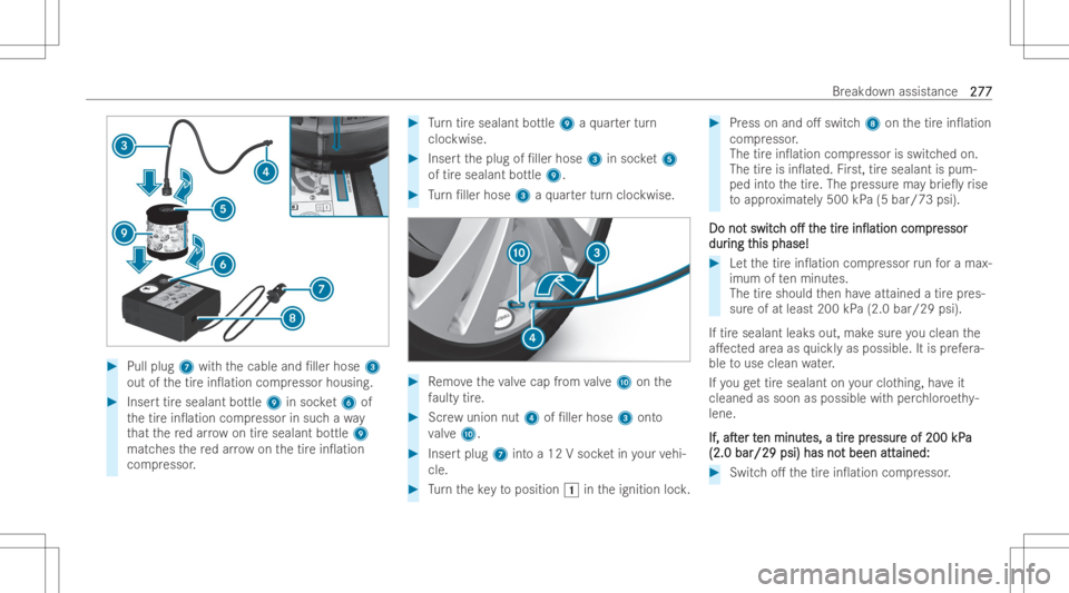 MERCEDES-BENZ A CLASS 2023  Owners Manual #
Pull plug7 withth ecable and/ller hose 3
out ofthetir ein0 ation compressor housing. #
Inser ttir esealant bottle 9insoc ket6 of
th etir ein0 ation compressor insuc hawa y
th at there dar ro w on