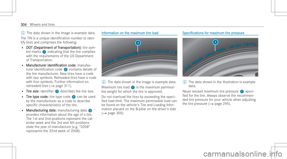 MERCEDES-BENZ A CLASS 2023  Owners Manual %
The datash ow nin theimag eis ex am ple data.
The TINisauni queident i/cationnumber toiden-
tify tires and comprises thefo llo wing:
R DO DO
T(Depar T
(Depar tmentofTr tment
ofTranspo rt anspo
rtat