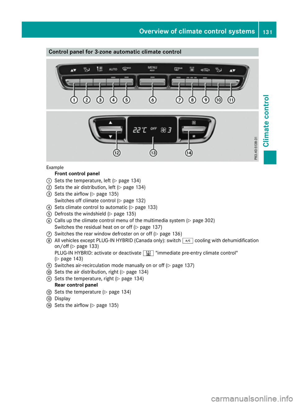 MERCEDES-BENZ C CLASS 2016  Owners Manual Control panel for 3-zone automatic climate control
Example
Front control panel�C
Sets the temperature, left ( Y
page 134)�D
Sets the air distribution, left ( Y
page 134)�