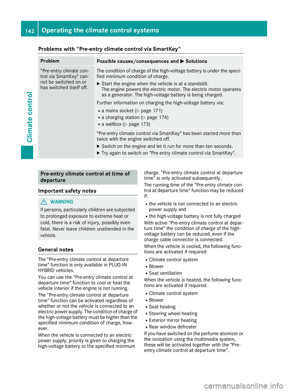 MERCEDES-BENZ C CLASS 2016  Owners Manual Problems with "Pre-entry climate control via SmartKey" Problem
Possible causes/consequences and �P Solutions
"Pre-entry climate con-
trol via SmartKey" can-
not be switched on or
has s