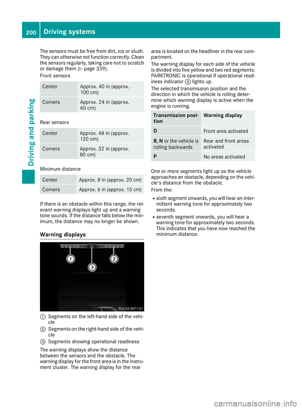 MERCEDES-BENZ C CLASS 2016 Owners Manual The sensors must be free from dirt, ice or slush.
They can otherwise not function correctly. Clean
the sensors regularly, taking care not to scratch
or damage them ( Y
page 339).
Front sensors
Center MERCEDES-BENZ C CLASS 2016 Owners Manual The sensors must be free from dirt, ice or slush.
They can otherwise not function correctly. Clean
the sensors regularly, taking care not to scratch
or damage them ( Y
page 339).
Front sensors
Center