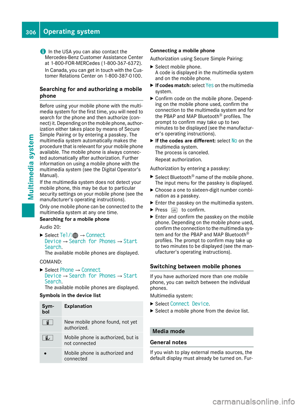 MERCEDES-BENZ C CLASS 2016  Owners Manual i In the USA you can also contact the
Mercedes-Benz Customer Assistance Center
at 1-800-FOR-MERCedes (1-800-367-6372).
In Canada, you can get in touch with the Cus-
tomer Relations Center on 1-800-387