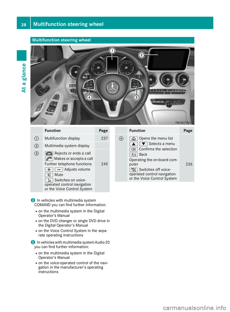 MERCEDES-BENZ C CLASS 2016 Owners Guide Multifunction steering wheel
Function Page
�C
Multifunction display 237
�D
Multimedia system display
�