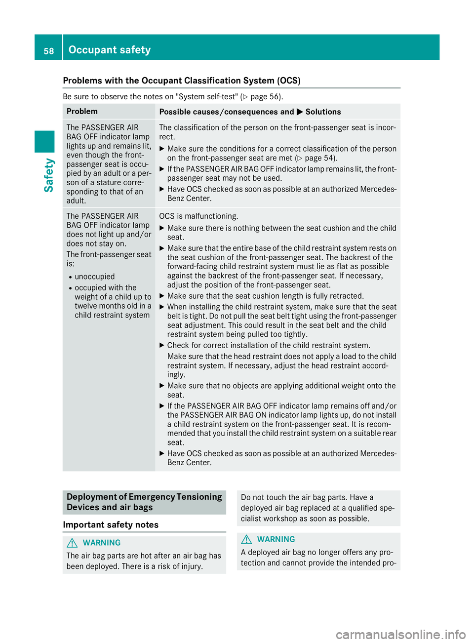 MERCEDES-BENZ C CLASS 2016  Owners Manual Problems with the Occupant Classification System (OCS) Be sure to observe the notes on "System self-test" ( Y
page 56).
Problem
Possible causes/consequences and �P Solutions
The PASSENGER AIR
