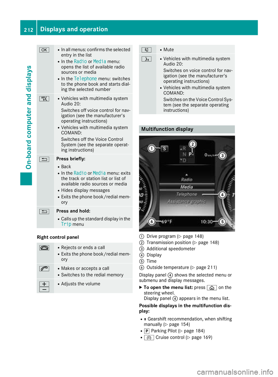 MERCEDES-BENZ C CLASS 2018 Owners Manual aRIn all menus: confirms the selected
entry in the list
RIn theRadioorMediamenu:
opens the list of available radio
sources or media
RIn the Telephonemenu: switches
to the phone book and starts dial-
i MERCEDES-BENZ C CLASS 2018 Owners Manual aRIn all menus: confirms the selected
entry in the list
RIn theRadioorMediamenu:
opens the list of available radio
sources or media
RIn the Telephonemenu: switches
to the phone book and starts dial-
i