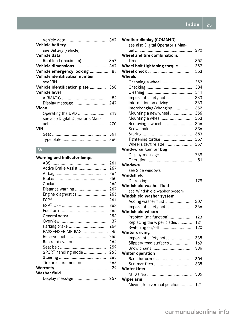MERCEDES-BENZ C CLASS 2018 Owners Manual Vehicle data ................................... 367
Vehicle battery
see Battery (vehicle)
Vehicle data
Roof load (maximum) .....................3 67
Vehicle dimensions ........................... 367 MERCEDES-BENZ C CLASS 2018 Owners Manual Vehicle data ................................... 367
Vehicle battery
see Battery (vehicle)
Vehicle data
Roof load (maximum) .....................3 67
Vehicle dimensions ........................... 367