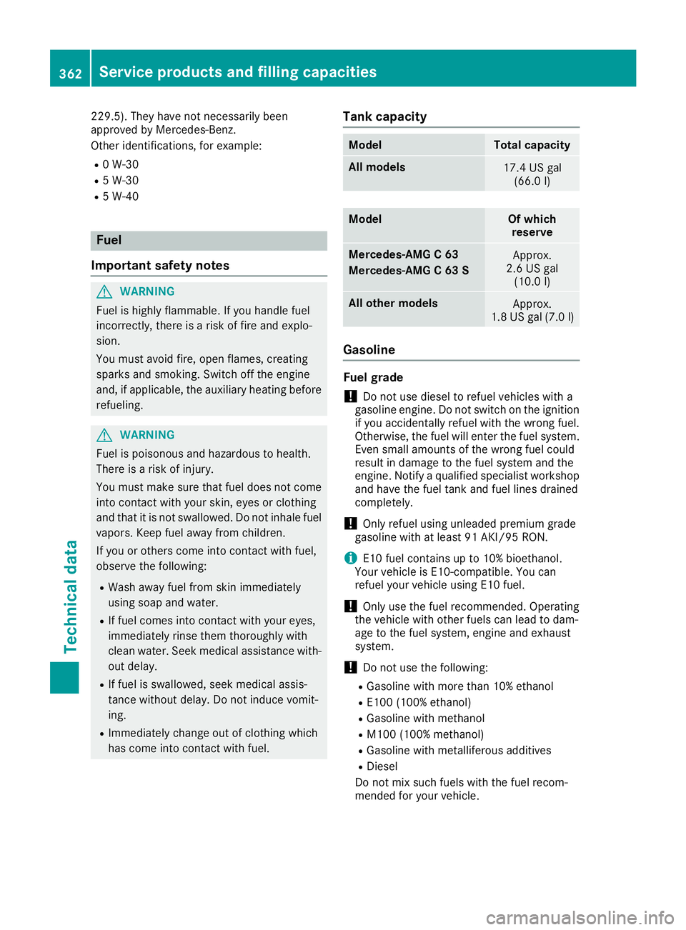 MERCEDES-BENZ C CLASS 2018 Owners Manual 229.5). They have not necessarily been
approved by Mercedes-Benz.
Other identifications, for example:
R0 W-30
R5 W-30
R5 W-40
Fuel
Important safety notes
GWARNING
Fuel is highly flammable. If you hand MERCEDES-BENZ C CLASS 2018 Owners Manual 229.5). They have not necessarily been
approved by Mercedes-Benz.
Other identifications, for example:
R0 W-30
R5 W-30
R5 W-40
Fuel
Important safety notes
GWARNING
Fuel is highly flammable. If you hand