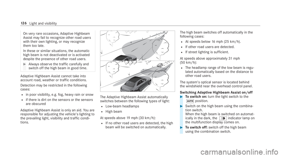 MERCEDES-BENZ C CLASS 2019  Owners Manual Onveryrareoccasions,Adaptive HighbeamAssist mayfailtorecognizeotherroad userswiththeirown lighting, or mayrecognizethemtoo late.
Inthese or similar situations,the automatichigh beam is not deactivated