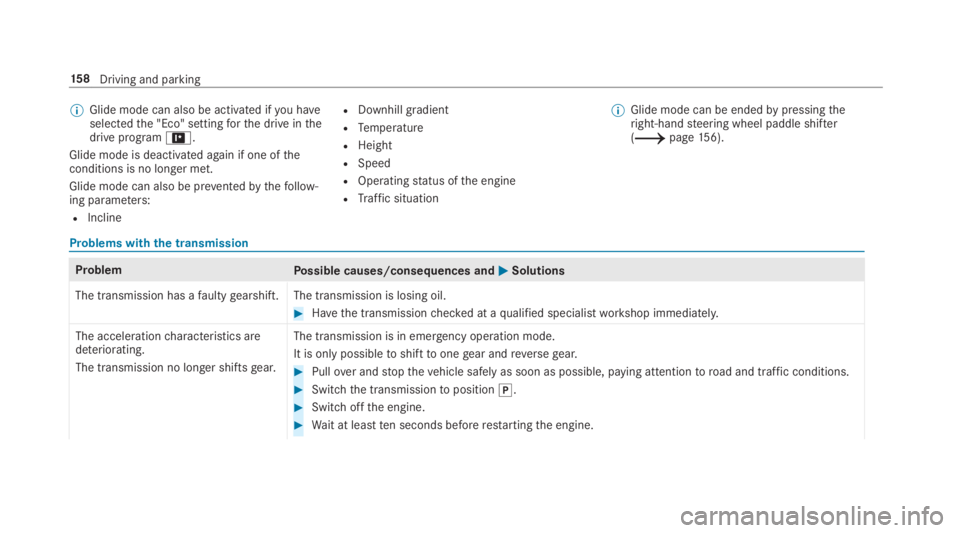 MERCEDES-BENZ C CLASS 2019  Owners Manual �	Glide mode can also be activated ifyou haveselectedthe "Eco" settingforthe drive inthedrive program=.
Glide mode is deactivated again if one oftheconditions is no longer met.
Glide mode can 