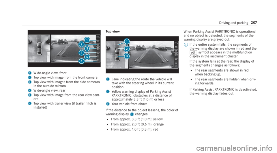 MERCEDES-BENZ C CLASS 2019  Owners Manual 1Wide-angle view,front
2Top view with image fromthe front camera
3Top view with images fromthe side camerasinthe outside mirrors
4Wide-angle view,rear
5Top view with image fromtherear view cam‐era
6