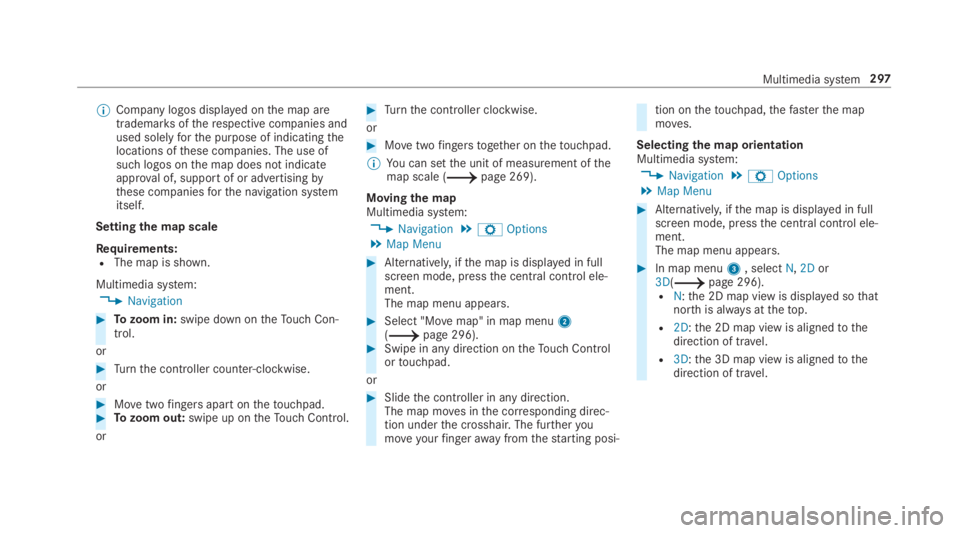 MERCEDES-BENZ C CLASS 2019  Owners Manual �	Company logos displayed onthe map aretrademarksoftherespective companies andused solelyforthe purpose of indicatingthelocations ofthese companies. The use ofsuch logos onthe map does not indicateapp